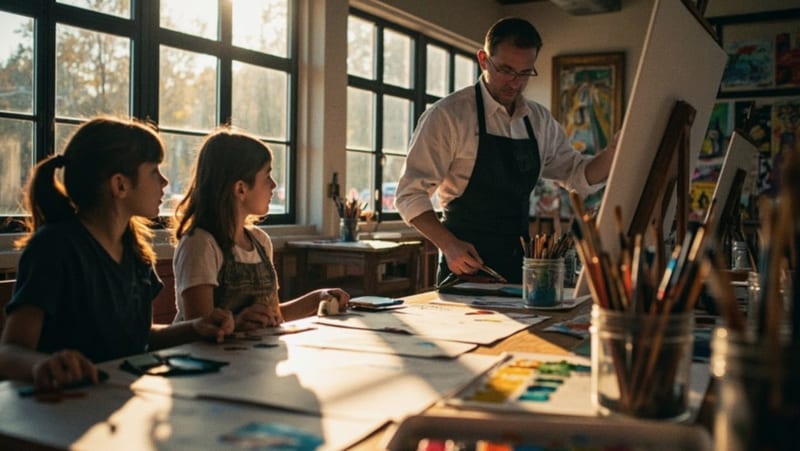 Estudiantes trabajando con acuarelas en mesas de madera durante una clase de pintura