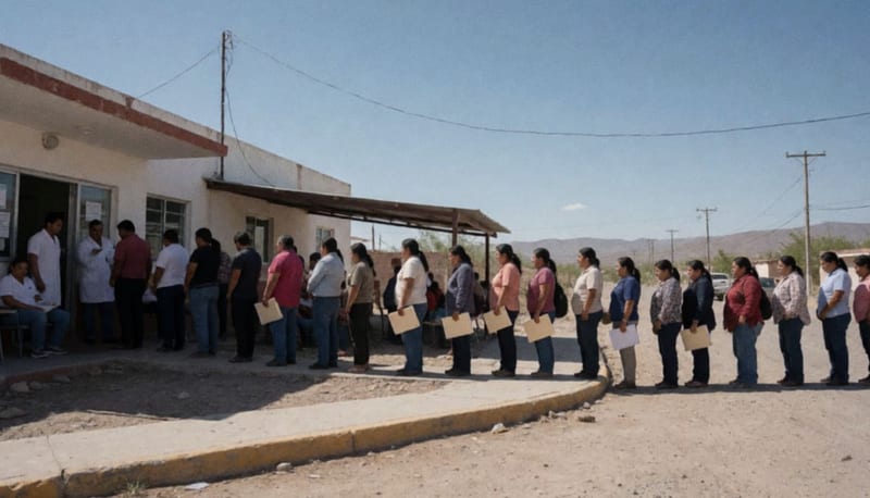 Ciudadanos formados en la entrada de un centro de salud comunitario en Parral durante una jornada de prevención médica