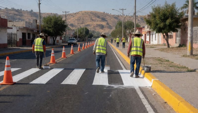 Trabajadores con chaleco reflejante pintan franjas blancas de un paso peatonal sobre una avenida con conos naranjas y cerros al fondo