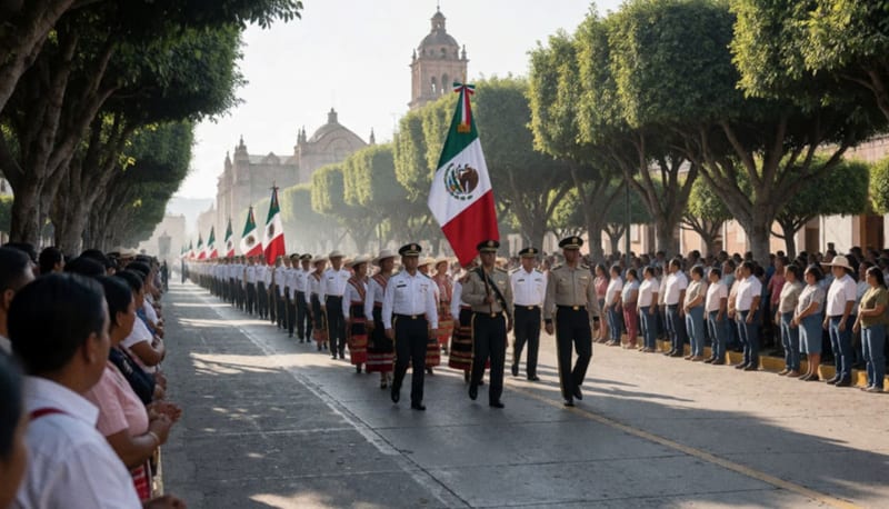 Formaciones militares y civiles desfilando por una avenida del municipio con banderas mexicanas al frente