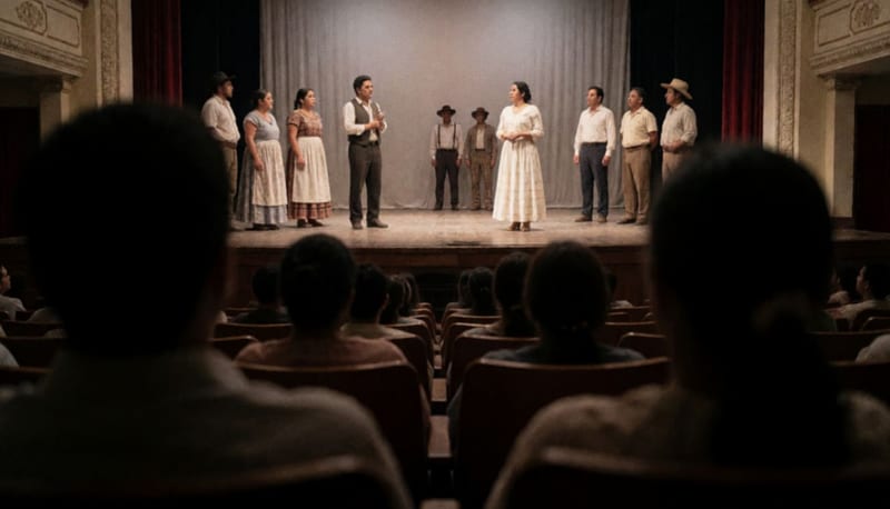 Actores en traje de época presentan una escena en el escenario iluminado del teatro parralense