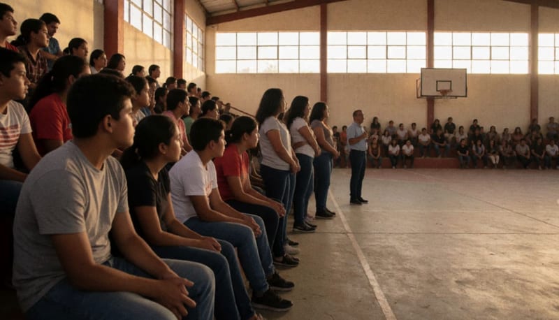 Jóvenes y adultos reunidos en el interior de un gimnasio municipal escuchando una conferencia