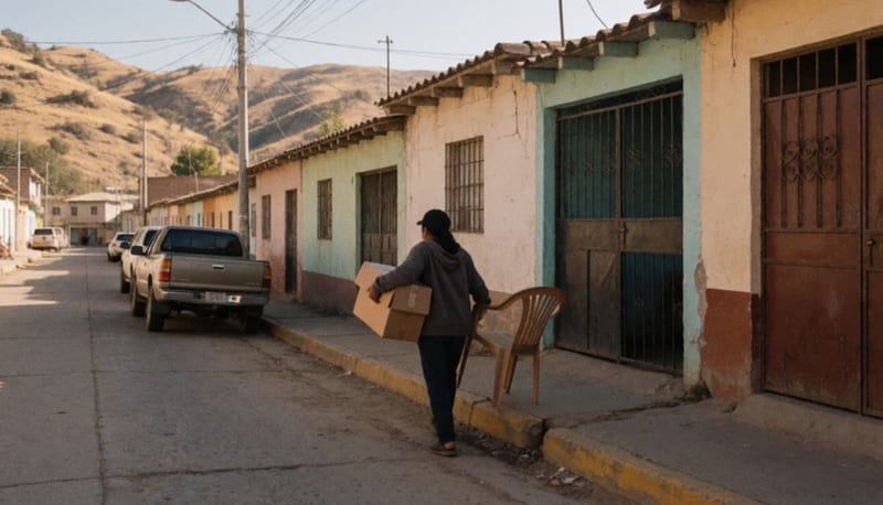 Persona de espaldas cargando una caja y una silla de plástico por una calle empinada de casas sencillas
