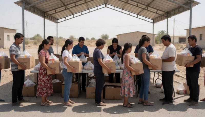 Familias formadas recibiendo paquetes de alimentos en un punto de distribución municipal del municipio