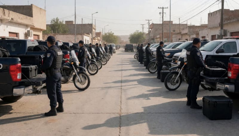 Oficiales junto a camionetas y cuatrimotos nuevas en una base de seguridad pública del municipio