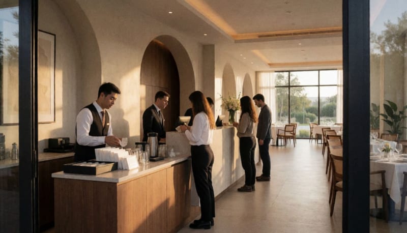 Interior de un hotel en Parral con personal en la recepción y espacios limpios y modernos