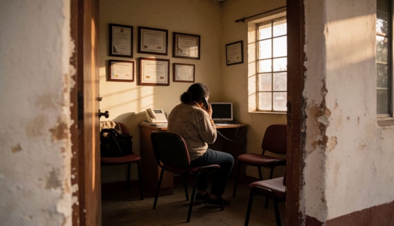 Persona en una oficina de atención psicológica comunicándose por teléfono en espacio de iluminación cálida