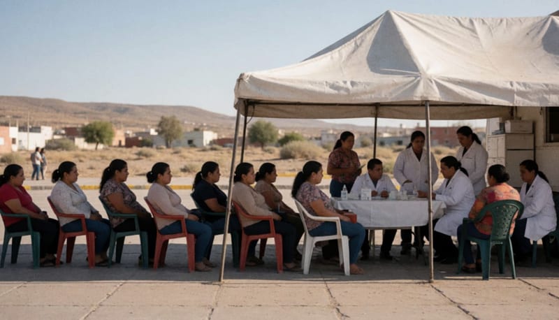 Ciudadanos esperando atención en una clínica móvil bajo una carpa en plaza de pueblo norteño