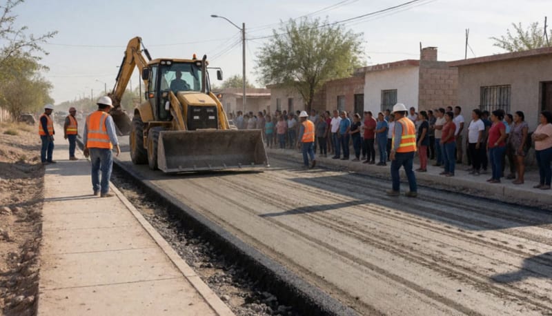 Trabajadores colocando asfalto en una calle residencial mientras vecinos observan la obra desde la banqueta