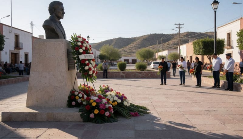 Ofrenda floral y flores al pie de un busto en honor a un héroe local en una plaza pública de Parral