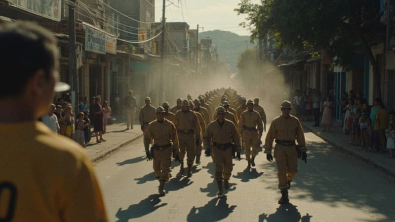 Bomberos marchando en uniforme por las calles de Parral durante el desfile conmemorativo