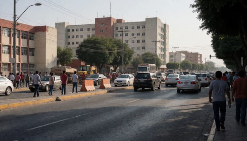 Avenida de alto tráfico con flujo vehicular y peatonal en zona de instituciones educativas y hospitalarias