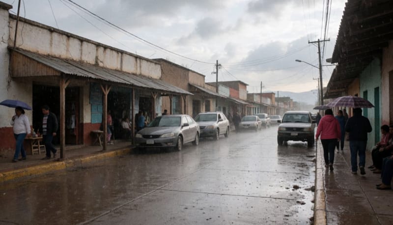 Calle mojada de un pueblo del sur de Chihuahua bajo cielo nublado con lluvia ligera