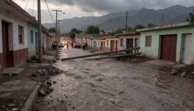 Calle inundada en Parral con agua fluyendo rápidamente entre viviendas y escombros esparcidos
