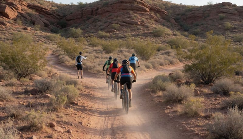 Ciclistas recorriendo una brecha de tierra en el desierto de Chihuahua, rodeados de cerros y vegetación árida