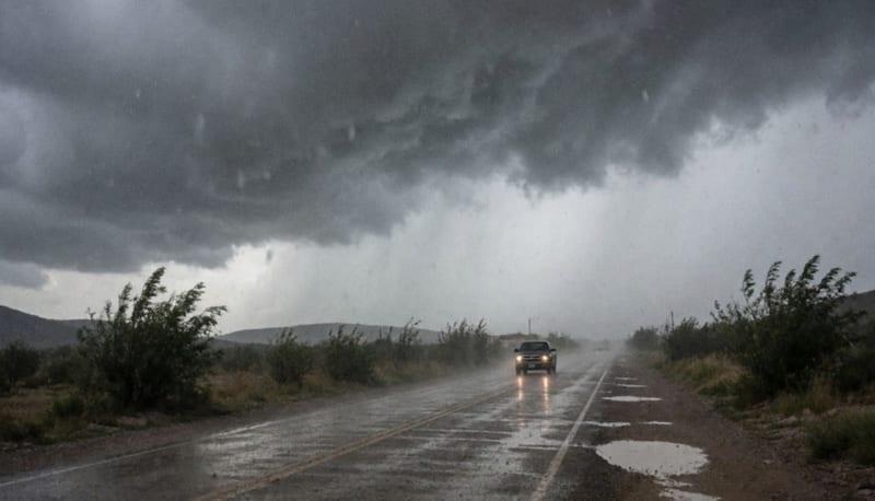 Camioneta avanzando con las luces encendidas por una carretera mojada bajo nubes de tormenta y lluvia con cerros al fondo