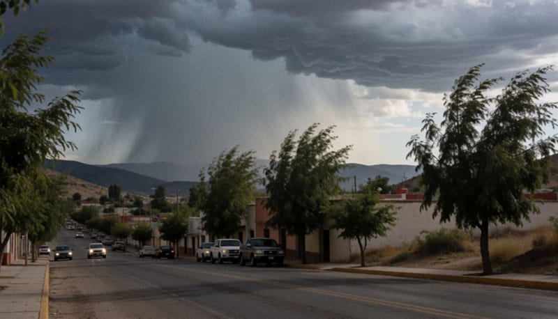 Lluvia torrencial azotando las calles de una localidad norteña con vientos intensos y cielo nublado