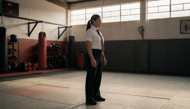 Mujer en uniforme de áritra de artes marciales de pie en un gimnasio de entrenamiento con sacos de boxeo al fondo