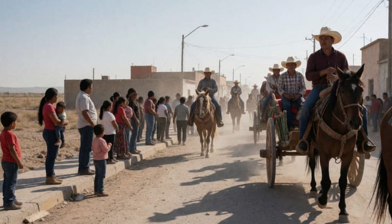 Caballos y carretas en procesión sobre una calle polvorosa del municipio mientras familias observan desde las aceras