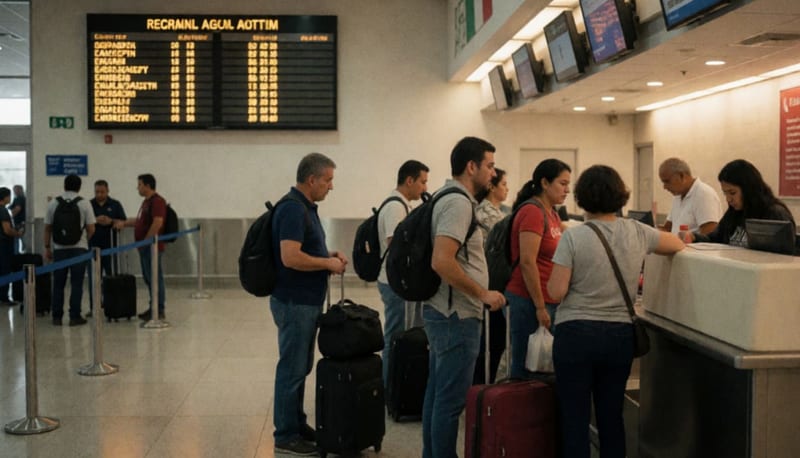 Pasajeros con maletas esperando en la terminal del aeropuerto de Chihuahua