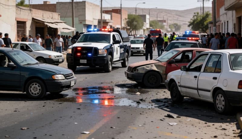 Vehículos dañados en la intersección de una calle con luces de emergencia y detritus disperso en el pavimento