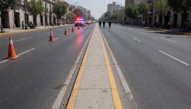 Amplio bulevar urbano con carril de autobús separado por un bordo de concreto, conos naranjas y luces rojas y azules reflejadas en el pavimento