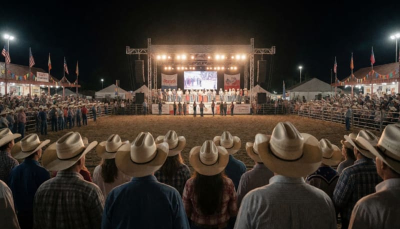 Público con sombreros vaqueros en un palenque iluminado durante una coronación