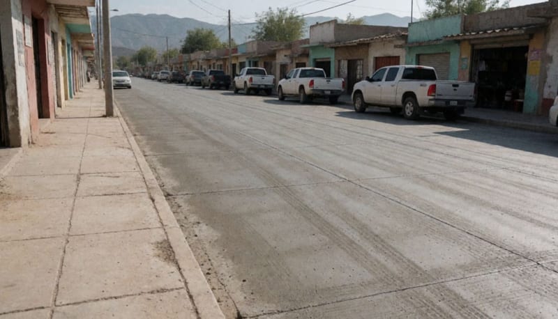 Calle recién pavimentada de concreto en una colonia de Nuevo Casas Grandes bajo el sol de la tarde