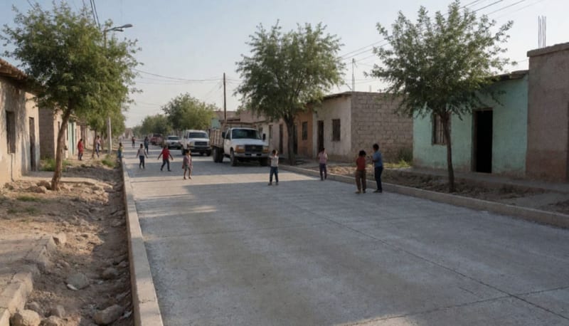 Calle pavimentada en concreto con casas a los costados y niños jugando en la comunidad