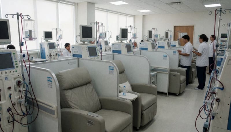 Interior de una clínica de diálisis con máquinas de hemodiálisis modernas y cubículos de atención para pacientes