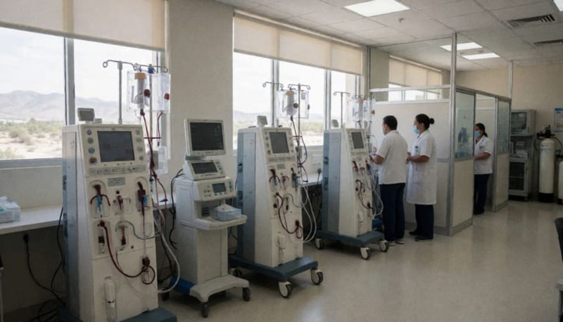 Interior de una clínica de hemodiálisis moderna con máquinas de tratamiento especializado distribuidas en la sala