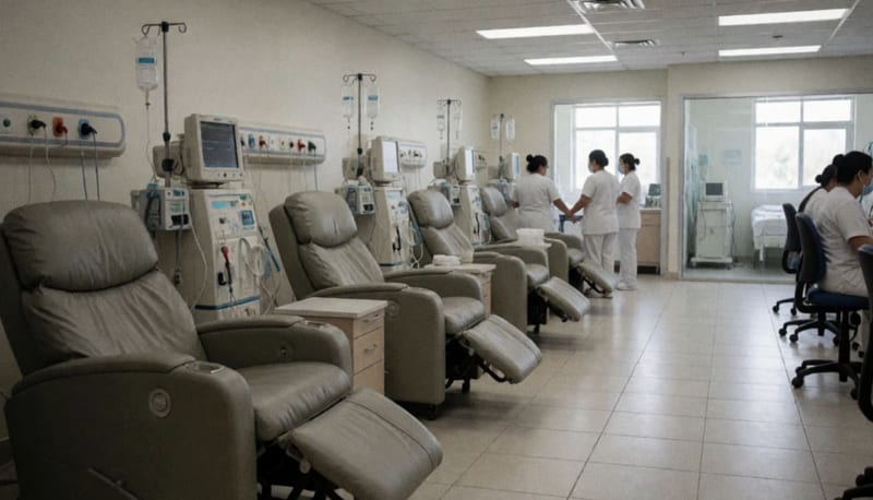 Sala de hemodiálisis con sillones médicos, equipos de monitoreo y personal sanitario en instalación hospitalaria moderna