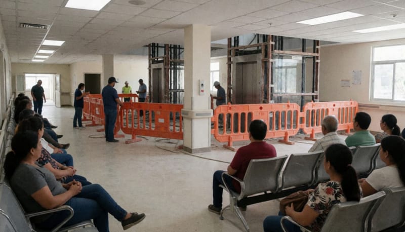 Área de Urgencias en remodelación con trabajadores y pacientes esperando durante la construcción de elevadores