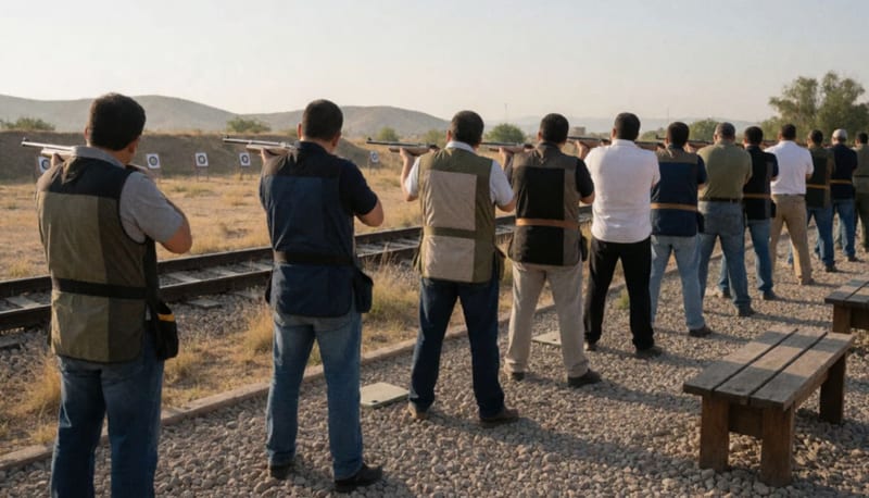 Tiradores vistos de espaldas apuntando con armas de aire en una línea de tiro al aire libre junto a vías de tren antiguas