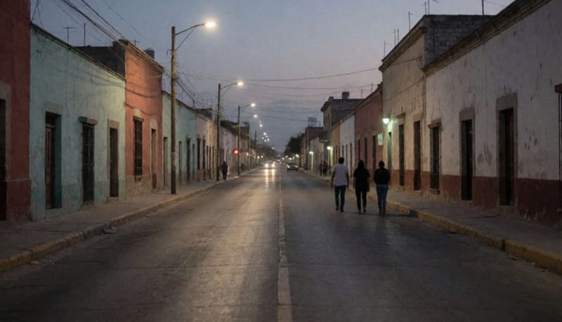 Calle de una ciudad del norte del país al anochecer con pocas personas