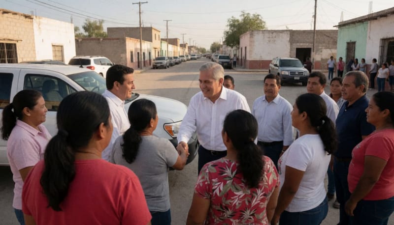 Encuentro comunitario en plaza de Ojinaga con líderes locales y empresarios durante recorrido político
