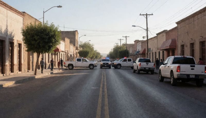 Avenida de un pueblo con un cruce cerrado por camionetas con luces intermitentes