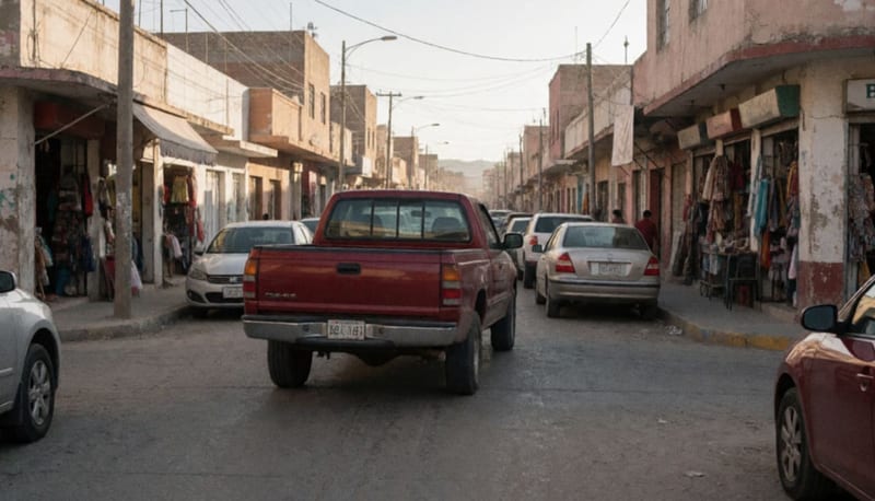 Camioneta roja circulando por una calle urbana de un pueblo del norte después de un choque vial
