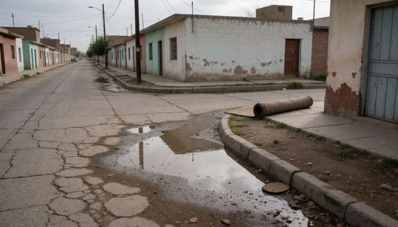 Charco grande de agua turbia estancada en la esquina de una calle residencial con casas modestas y una alfombra tirada en la banqueta