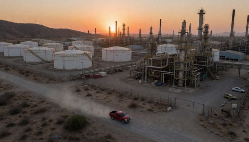 Instalaciones petroleras al atardecer en el desierto del norte de México con tanques de almacenamiento y estructuras industriales