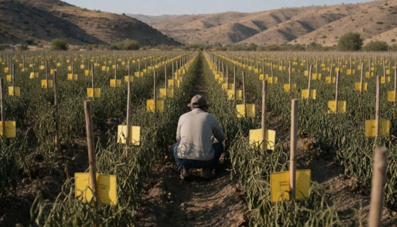Agricultor visto de espaldas entre hileras de plantas de chile marchitas con trampas amarillas en estacas de madera