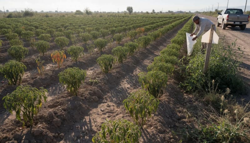 Técnico inspeccionando trampa de monitoreo en campo de chile afectado por plaga en zona agrícola del norte