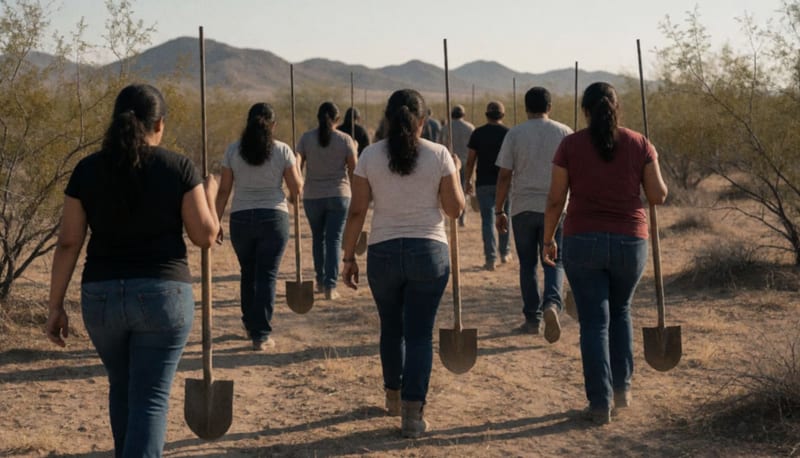 Grupo de personas vistas de espaldas caminan con palas y varillas por un terreno desértico con montañas al fondo