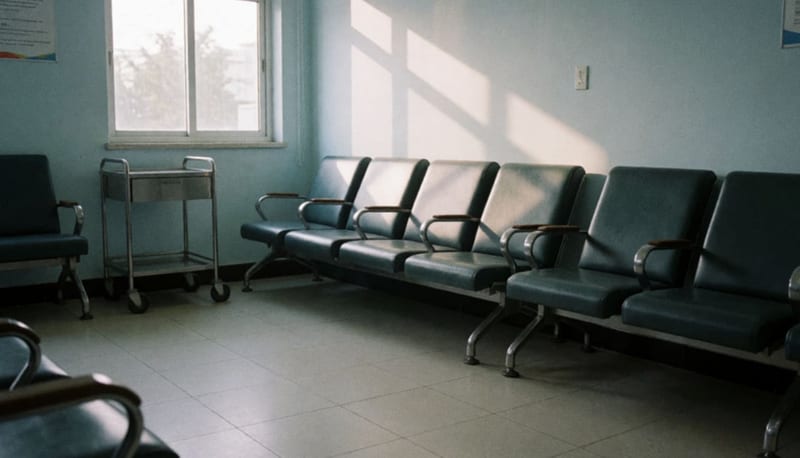 Sala de espera vacía de un puesto de sangrado con sillas en fila y luz de la mañana