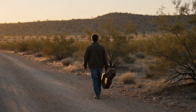Hombre de espaldas camina con un estuche de guitarra por un camino de terracería en el desierto al amanecer