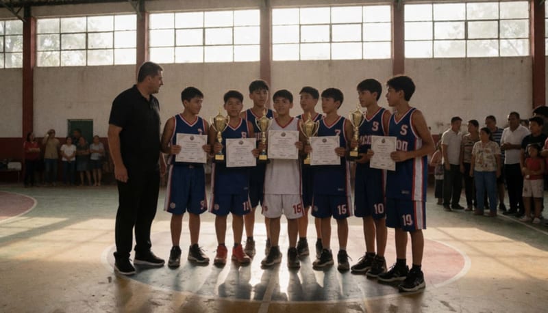 Jóvenes basquetbolistas con sus trofeos en la cancha, junto a su entrenador y familias