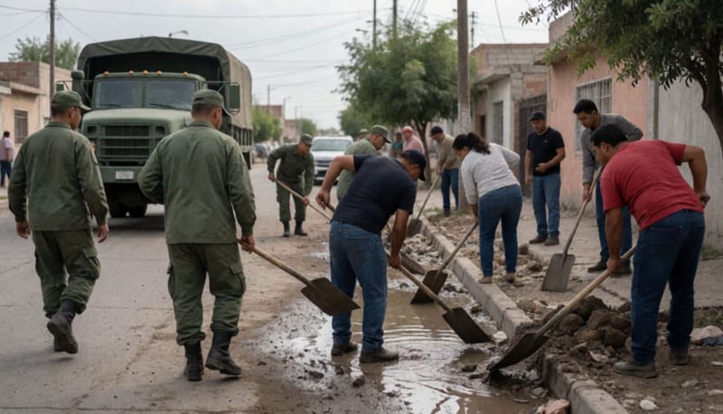 Soldados y vecinos retirando lodo de una calle inundada en Ciudad Juárez