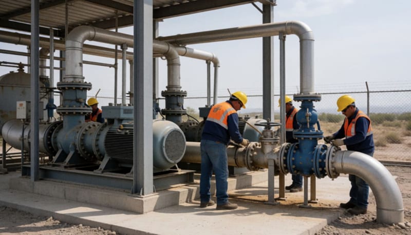 Instalaciones de planta de rebombeo con maquinaria industrial y tuberías de drenaje en mantenimiento