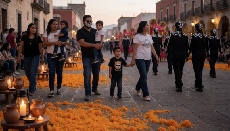 Familias caminan al atardecer por una plaza colonial adornada con flores de cempasúchil y velas encendidas