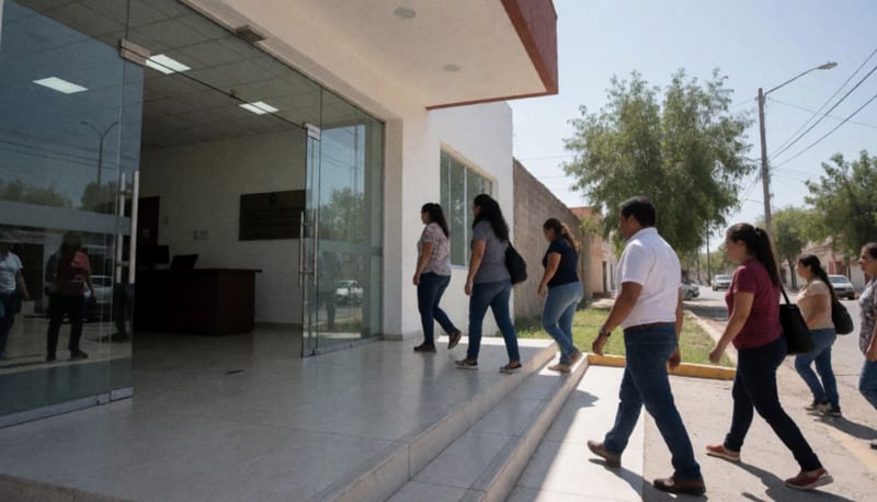 Entrada del edificio judicial con puertas de cristal en zona urbana del norte de México